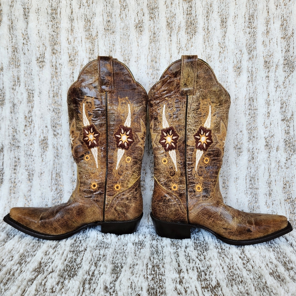 J.B. Dillon Distressed Leather Western Cowboy Boots Tan Floral | Women's Size 5B - Picture 7 of 12